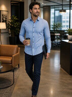 David Donahue Blue & White Check Dress Shirt – Size 16.5  36/37 (Slim Fit)